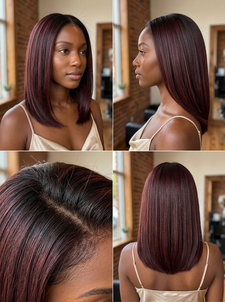 long dark brunette hair with mahogany shadow root, dimensional color melt, no fringe — bold statement