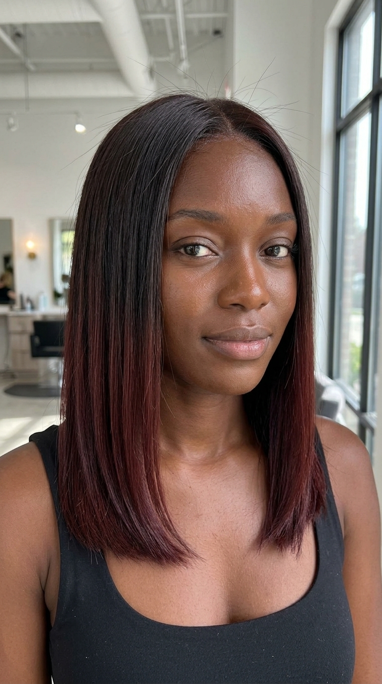 long deep brown hair color with mahogany red-violet ends, dip-dye technique, no fringe — edgy music festival
