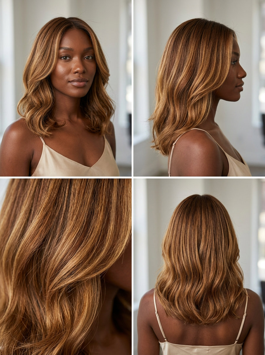 long maple brown to honey ombré hair with golden undertones, balayage gloss, no fringe — romantic bohemian look