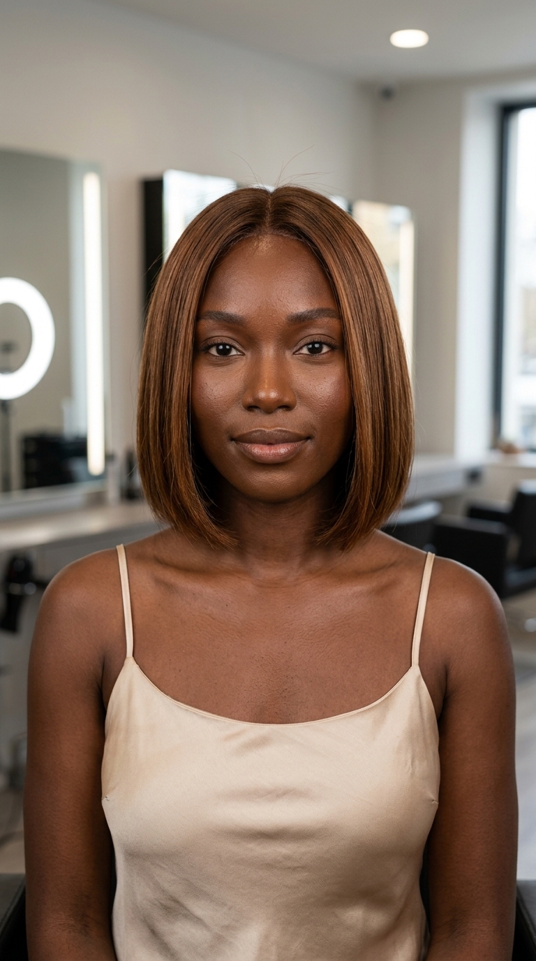 shoulder-length bob haircut with glossy maple syrup brown hair color, demi-permanent gloss, no fringe — sophisticated brunch