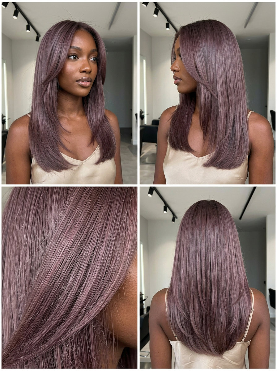 long layered hair with muted mauve gloss, cool purple and smoky undertones for summer 2026