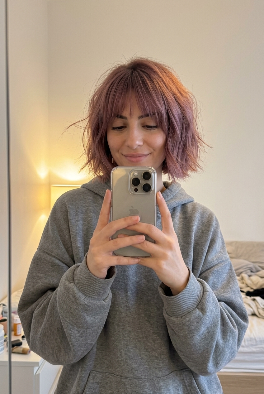 Muted Mauve Italian Bob 2026 short italian bob haircut with muted mauve, dusty pink, violet tones, textured layers, wispy fringe — dreamy ethereal look