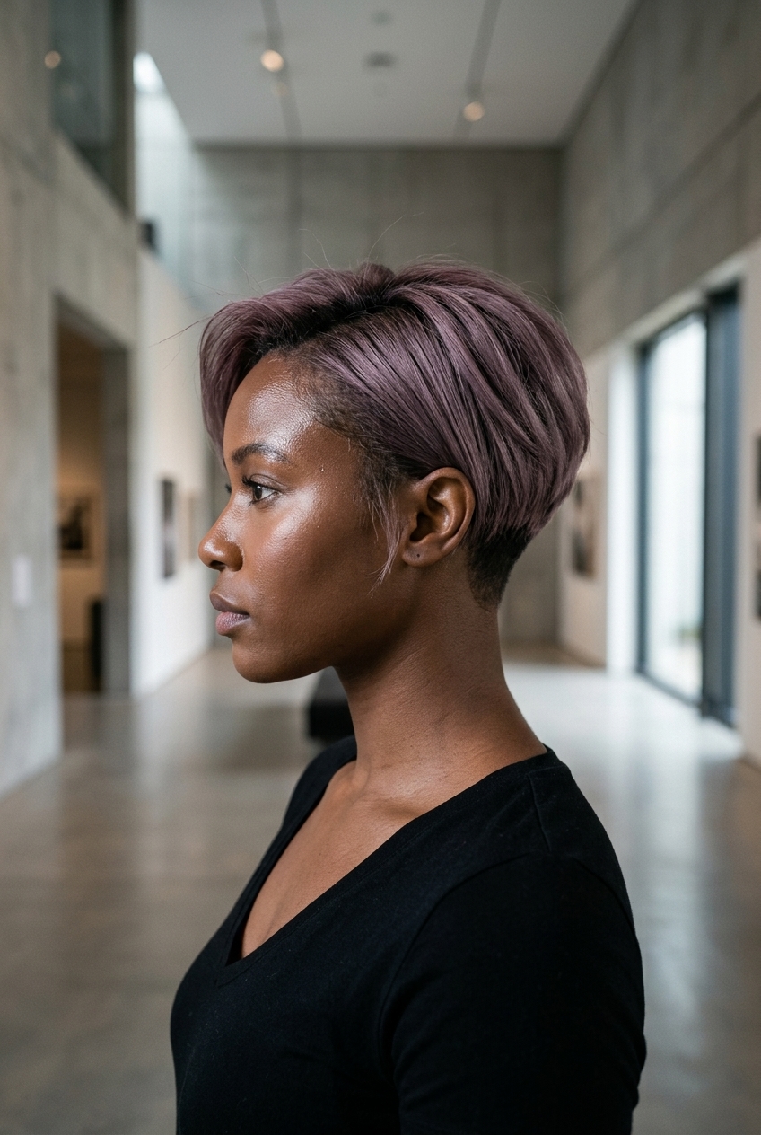 very short dusty mauve crop with cool violet undertones, custom gloss, no fringe — edgy sophisticated look
