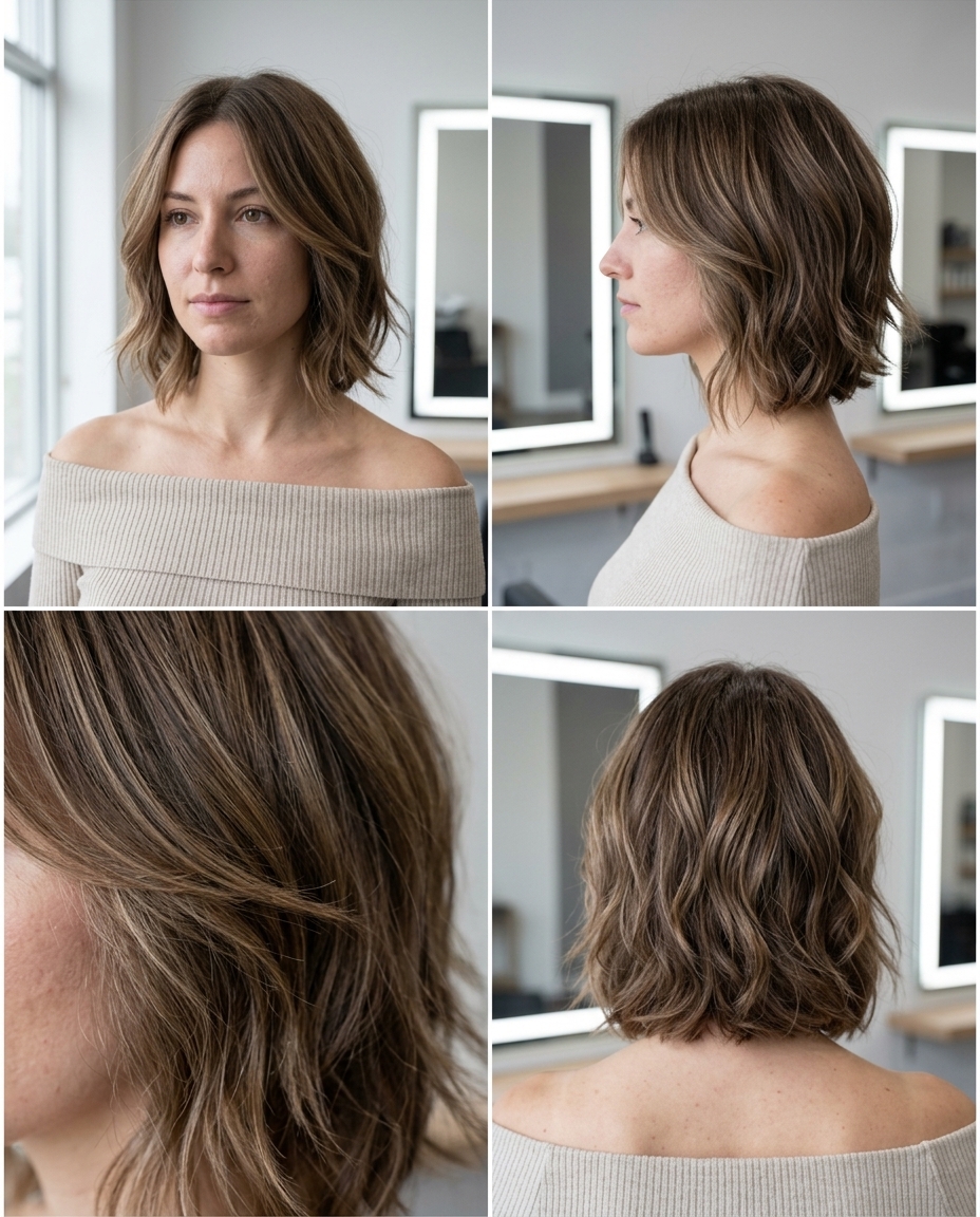 Medium Brown Wavy Shag with Beige Babylights 2026 chin-length wavy shag haircut with medium brown, beige babylights, soft layers — natural effortless