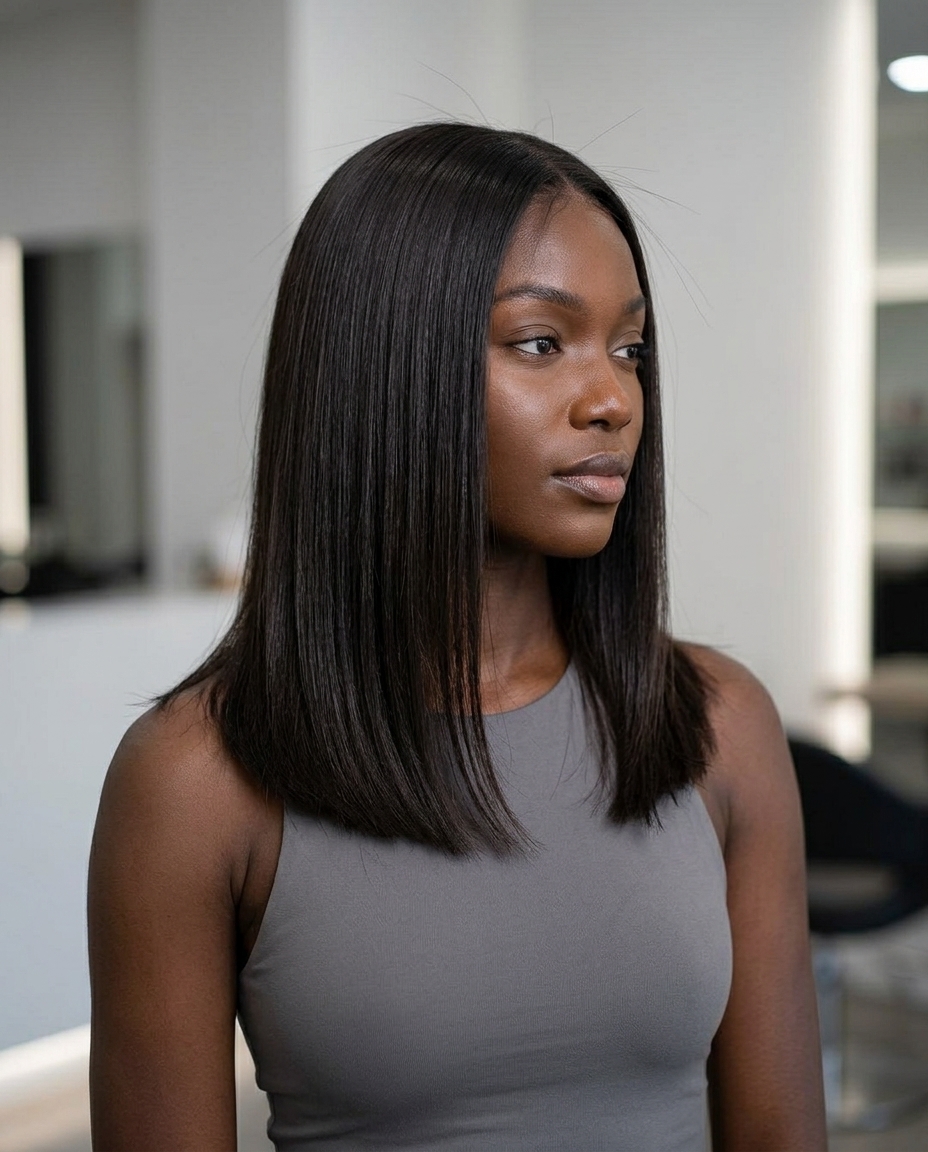 short midnight espresso all-over color with cool dark brown, uniform finish, no fringe — minimalist chic professional