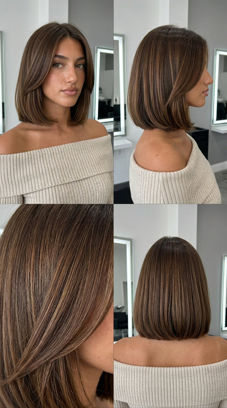 chin-length mocha brunette bob haircut with caramel lowlights and blunt perimeter for dinner