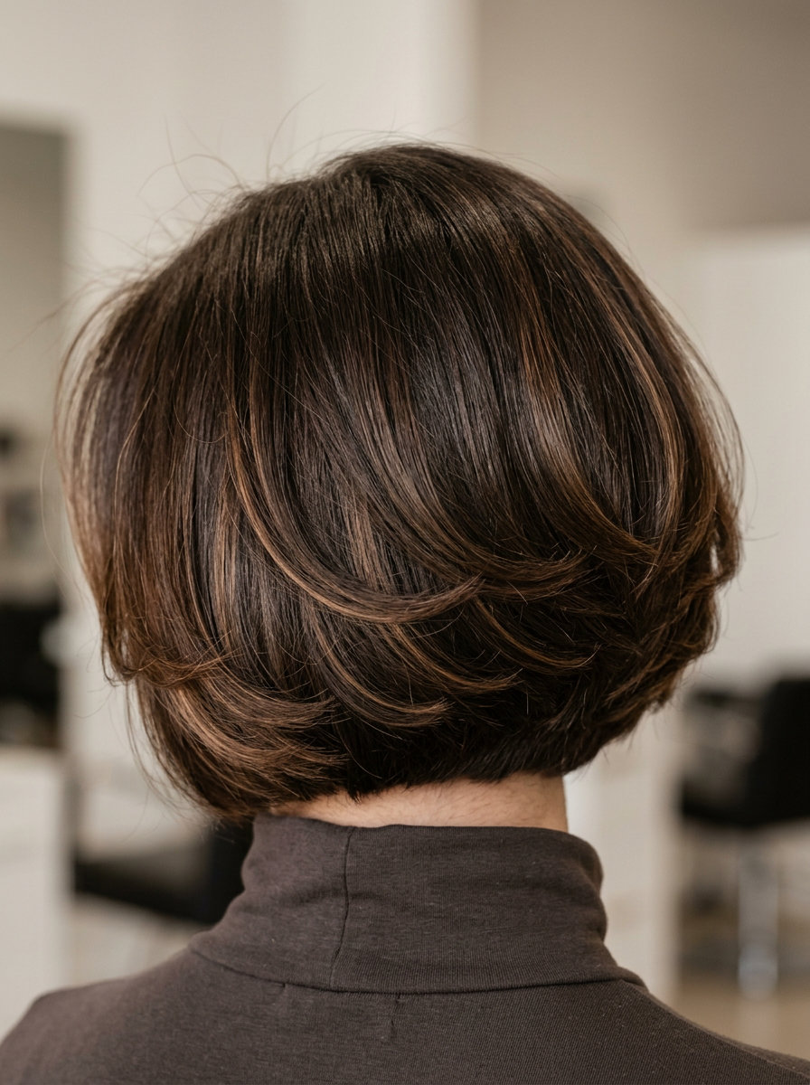 collarbone-length mocha brunette bob with caramel ribbons and C-shape layers for events