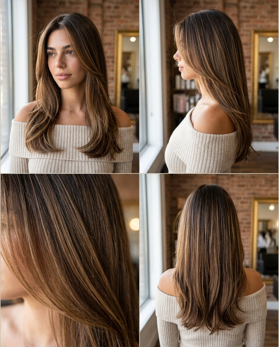 long mocha melt with honey blonde ribbons and face-framing highlights for outdoor brunch