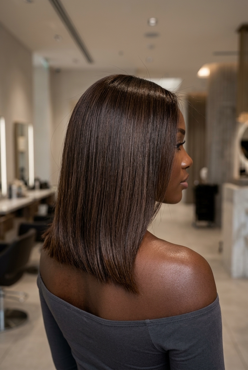 shoulder-length mocha bob with glossy finish and warm undertones for summer