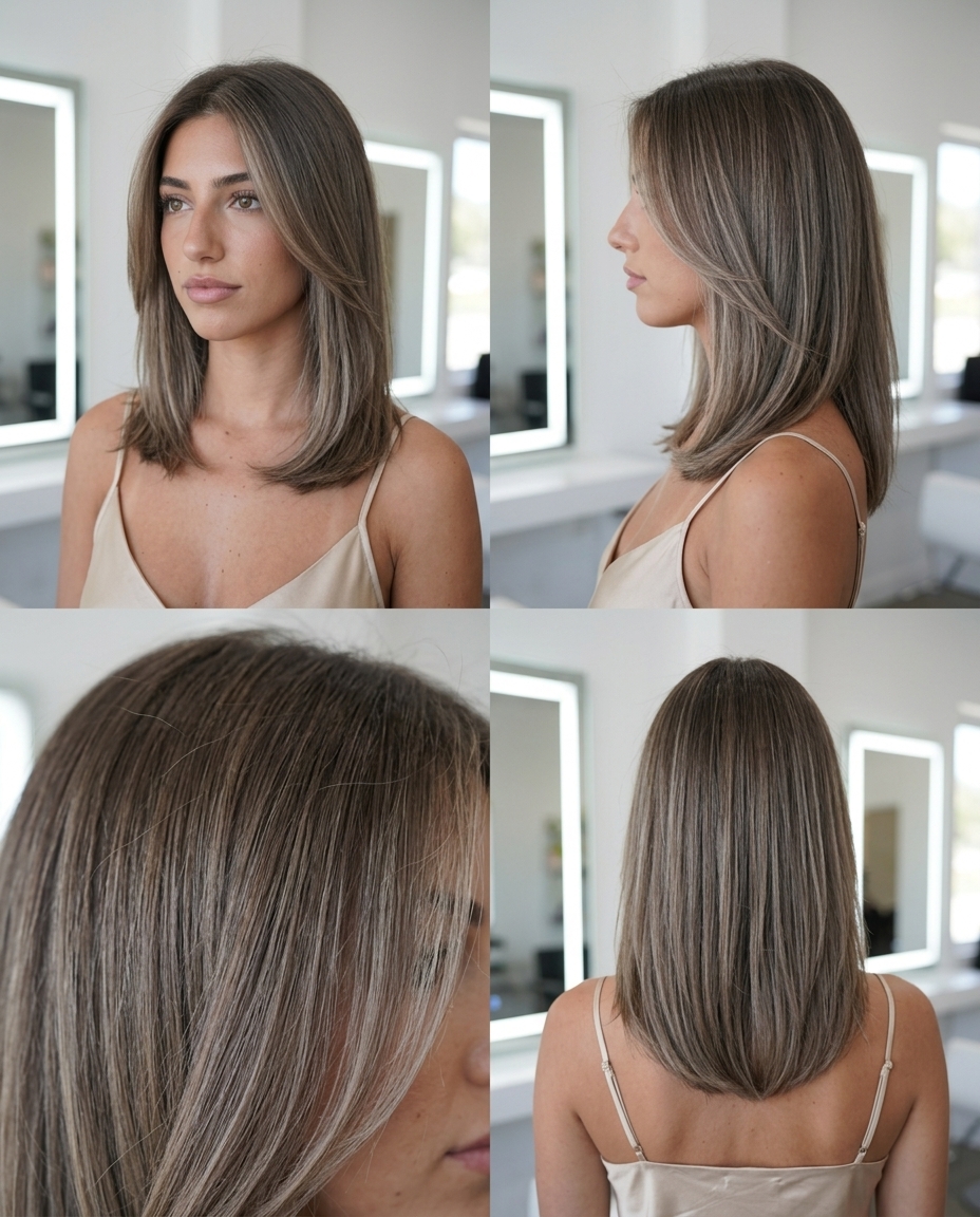 long cool ash brown hair color with mushroom blonde babylights, fine highlights, no fringe — minimalist chic daily wear