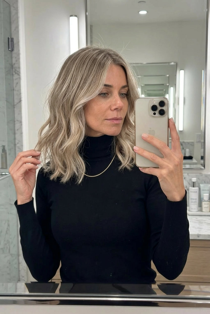 Mushroom Blonde Babylights Summer Hair 2026 long midi haircut with mushroom blonde babylights, subtle shadow root — minimalist summer look