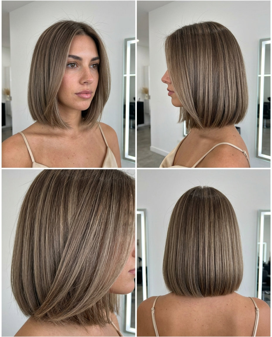 Sharp Laser-Cut Bob for Thin Fine Hair 2026 chin-length mushroom bronde bob with taupe lowlights and sharp blunt cut for summer 2026