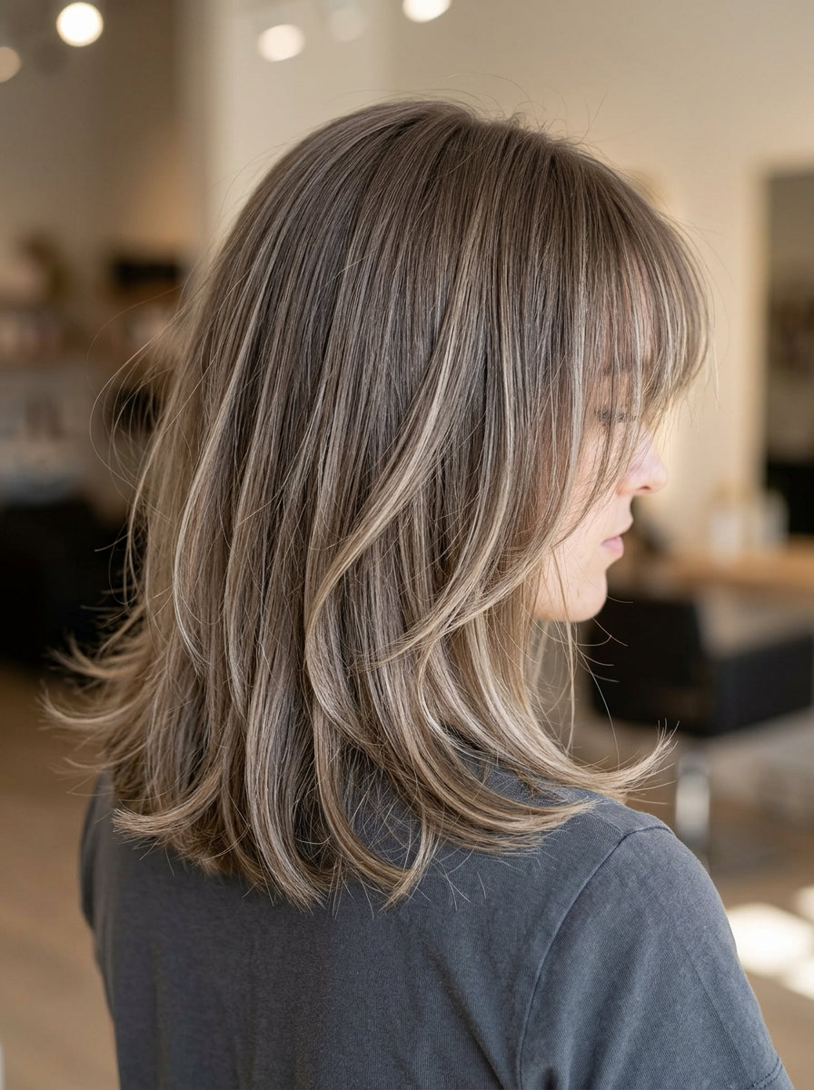 collarbone-length mushroom bronde haircut with wispy birkin bangs, face-framing layers — retro feminine date night