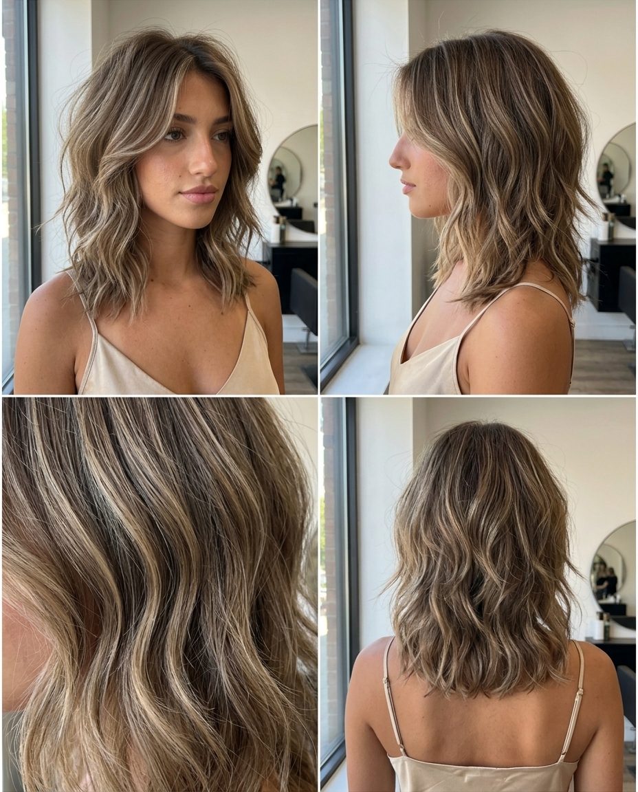 Mushroom Bronde Wavy Shag 2026 collarbone wavy shag haircut with mushroom bronde, beige babylights, internal layers — retro edgy