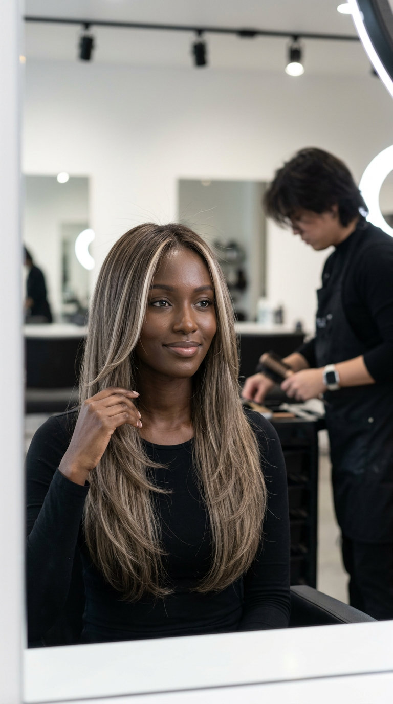 extra-long mushroom bronde hair with vanilla cream face frame and long layers for summer