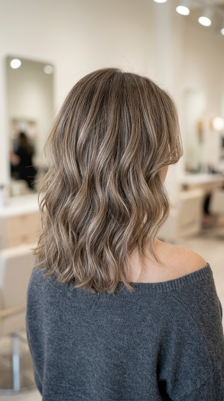 Minimalist Bronde Shag 2026: Effortless Waves medium-length wavy shag haircut with mushroom bronde & cool beige, soft layered ends, jawline fringe — minimalist & effortless