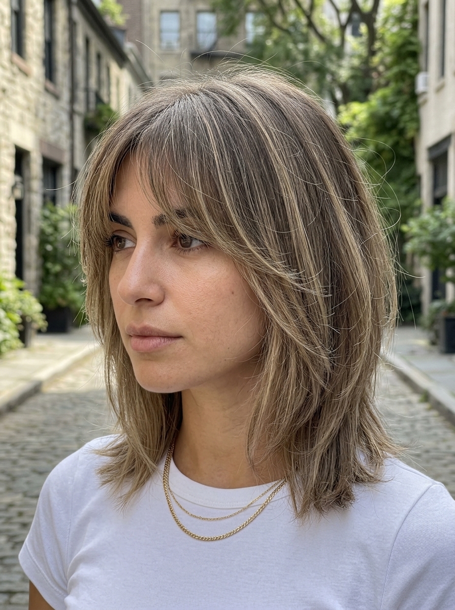 Mushroom Bronde Kitty Cut: Summer 2026 mid-length kitty cut with mushroom bronde balayage, ash brown base, beige blonde highlights, curtain bangs — cool-girl vibe