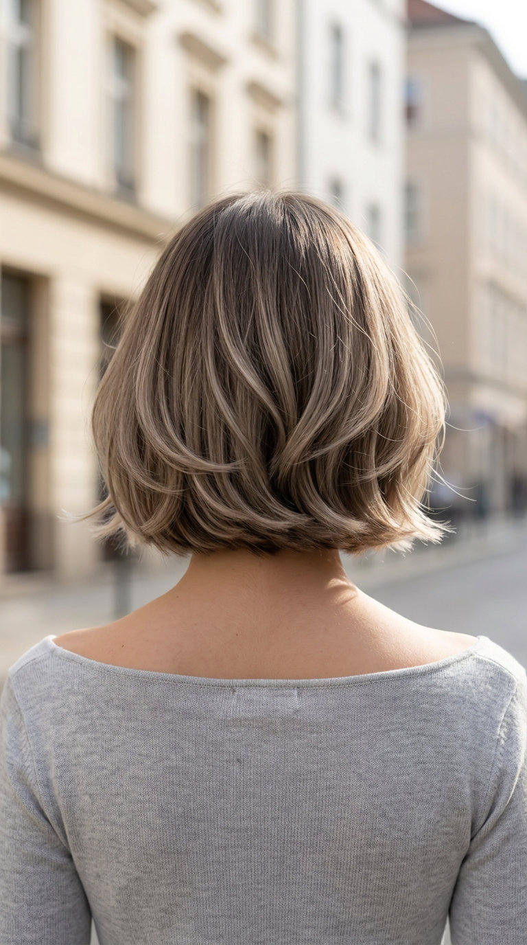Mushroom Bronde Italian Bob 2026 short italian bob haircut with mushroom bronde, ash balayage, smudged root, face-framing layers — effortless waves