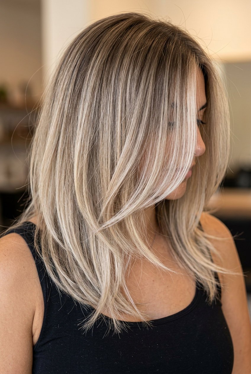 shoulder-length mushroom bronde haircut with internal layers and outward flick, face-framing layers — retro chic work style