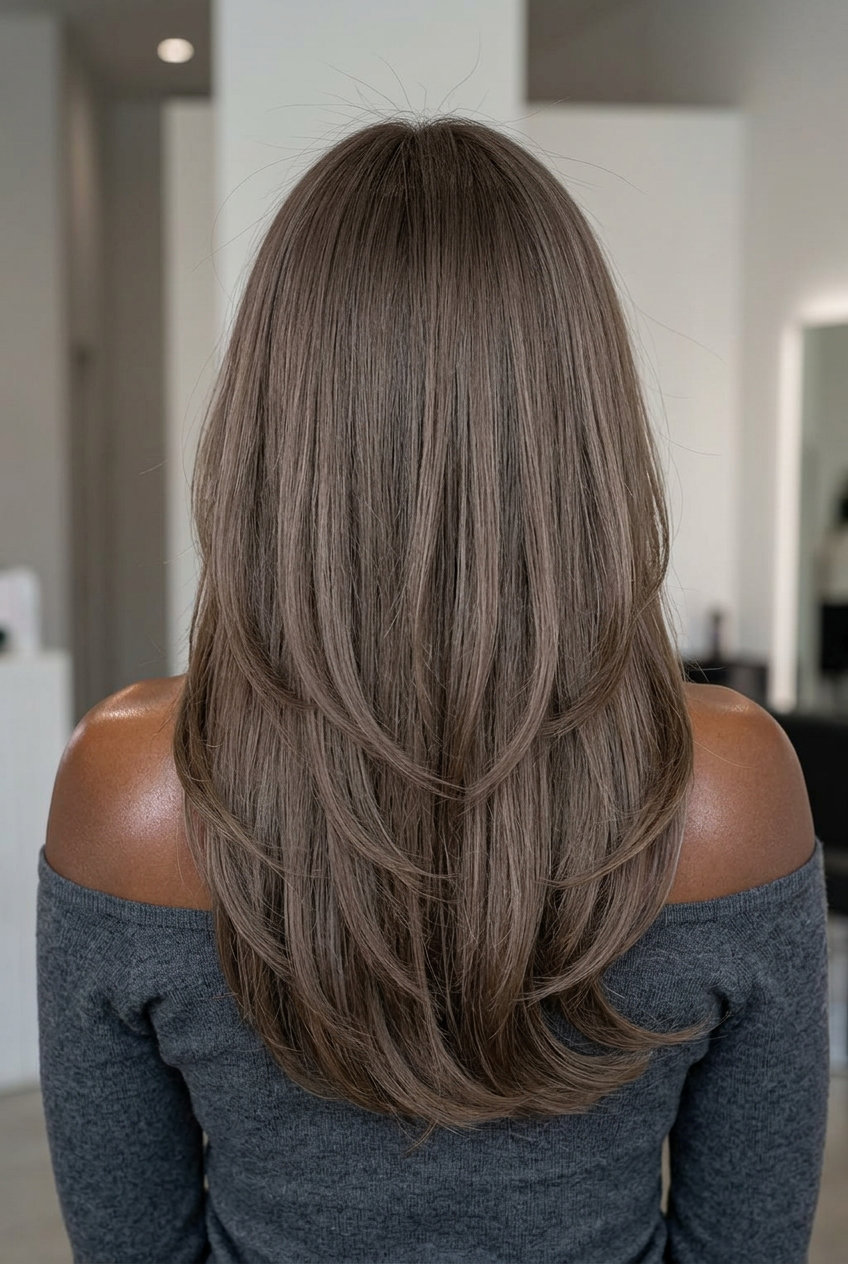 long layered mushroom mocha brown hair with ash undertones, seamless blending, no fringe — sophisticated minimalist