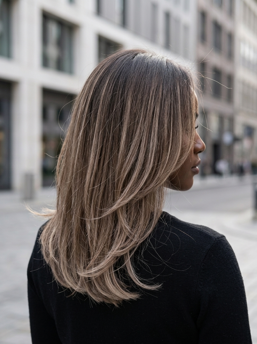 shoulder-length mushroom taupe balayage with ash brown, hand-painted highlights, no fringe — edgy modern festival