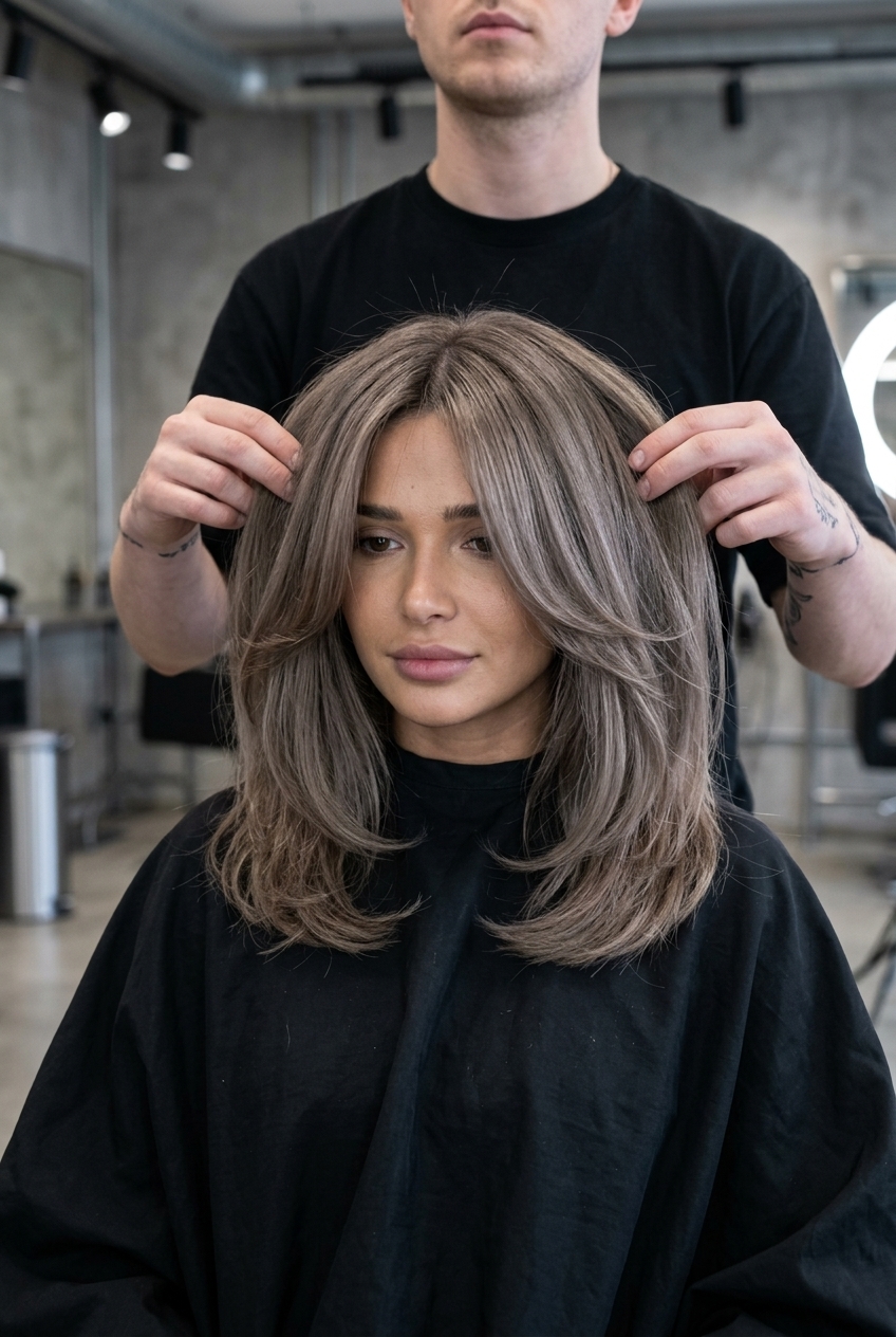 long ash brown hair with mushroom taupe shadow root, cool toned blend, no fringe — edgy look