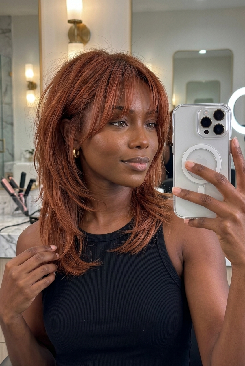medium-length wolf cut haircut with muted copper and terracotta, textured layers and wispy curtain bangs — edgy for summer