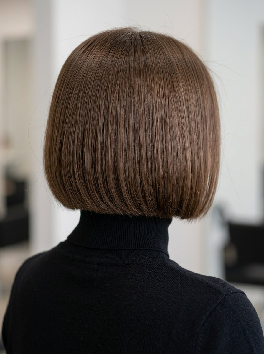 Naked Pecan Sleek Bob 2026 short italian bob haircut with naked pecan brown, blunt cut sleek finish for sophisticated polished