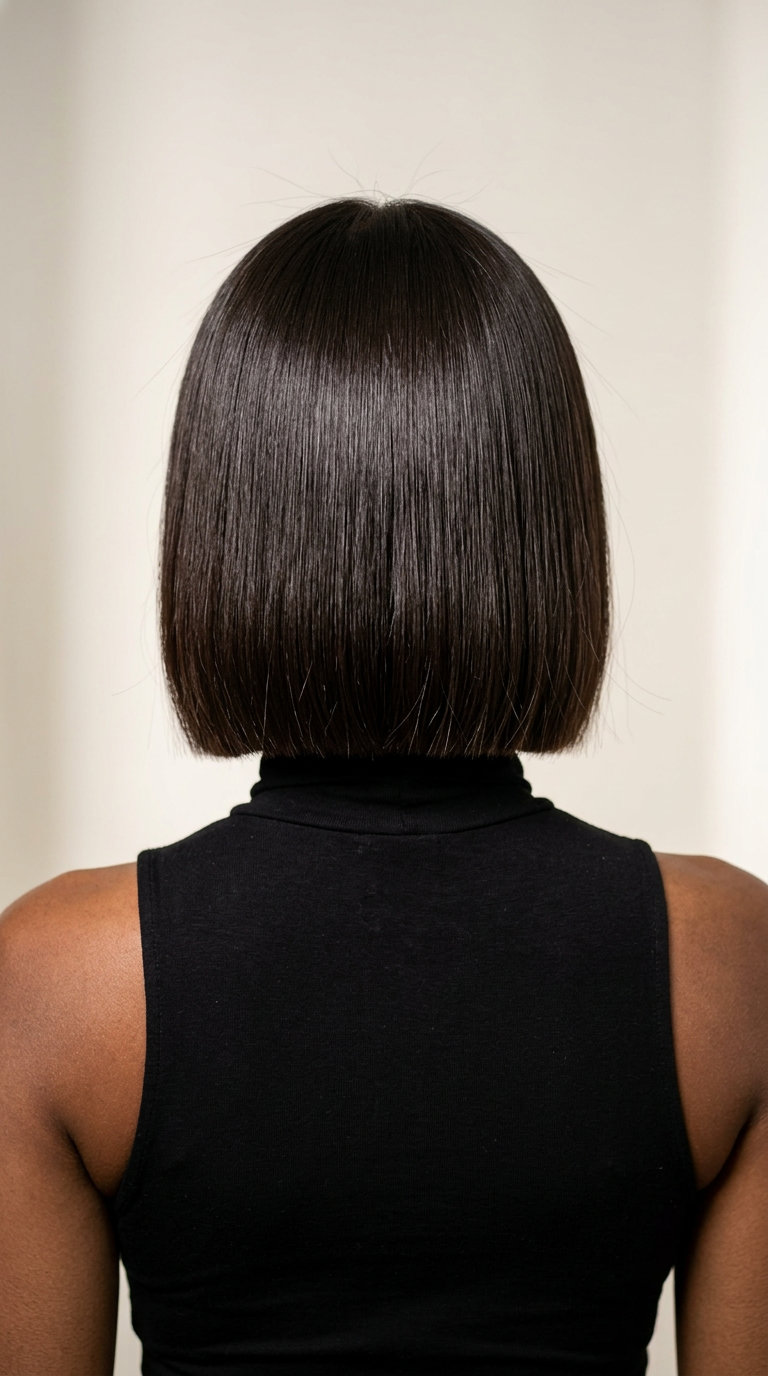 jaw-length natural brown bob with blunt perimeter and high-shine gloss for work