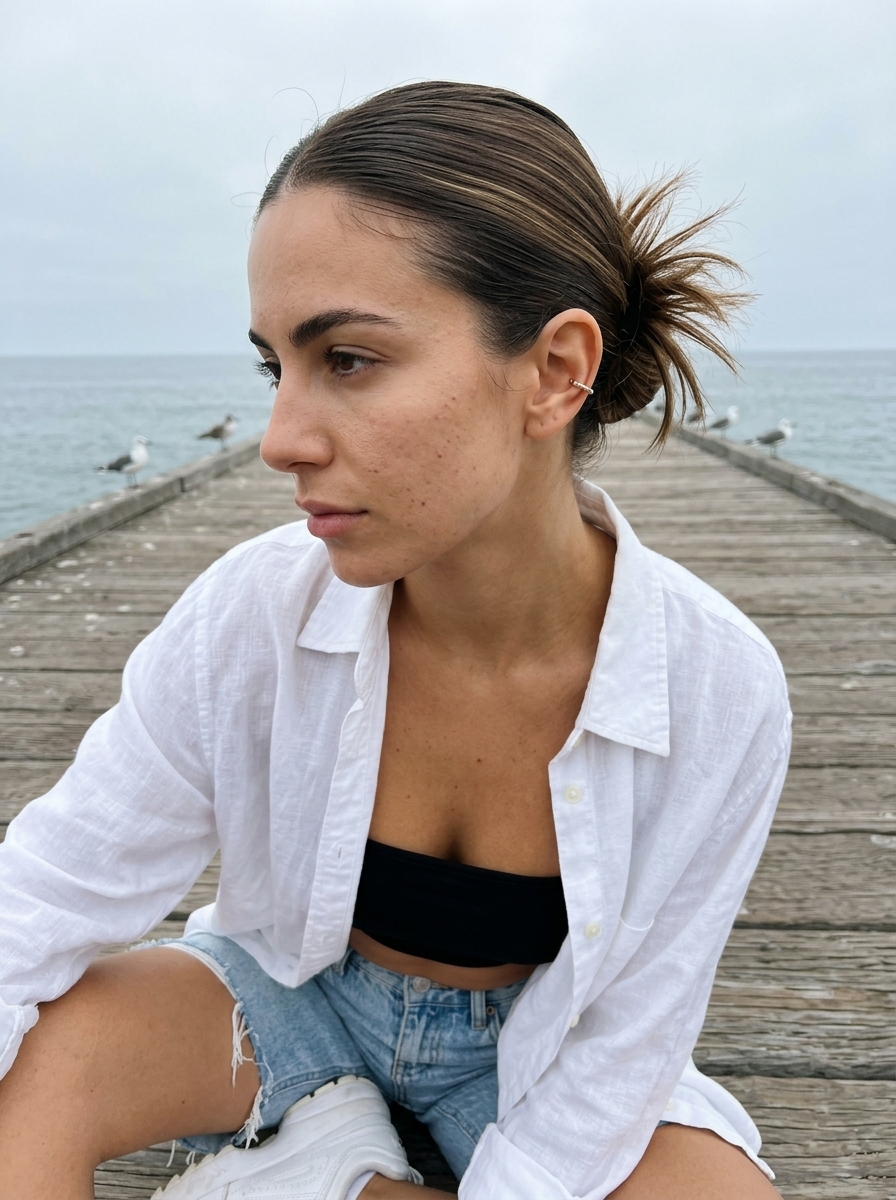 Off-Duty Spiky Natural Brunette Bun 2026 low slicked back bun with natural brunette, spiky ends, for airport travel