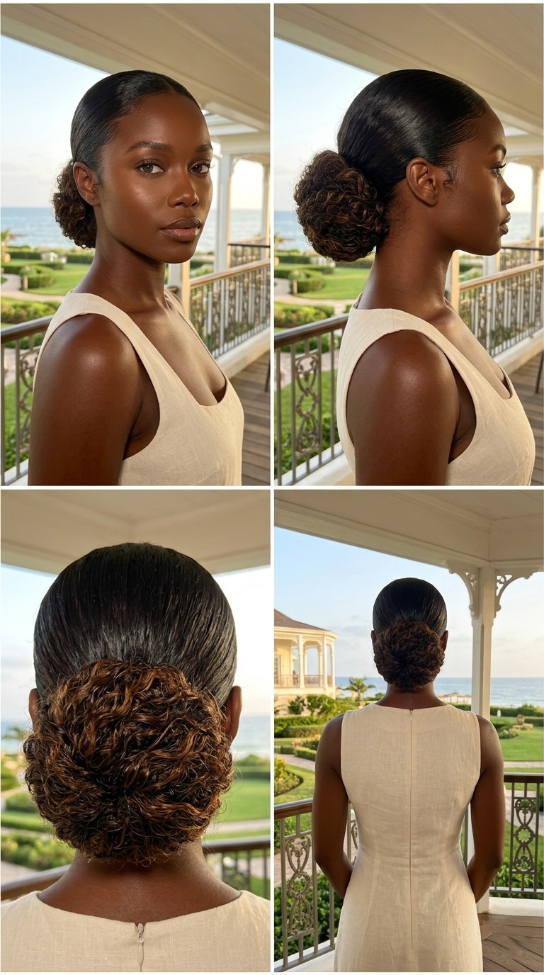 Elegant Curly Control Low Bun 2026 low slicked back bun with natural mocha, defined curls and glossy finish for meeting