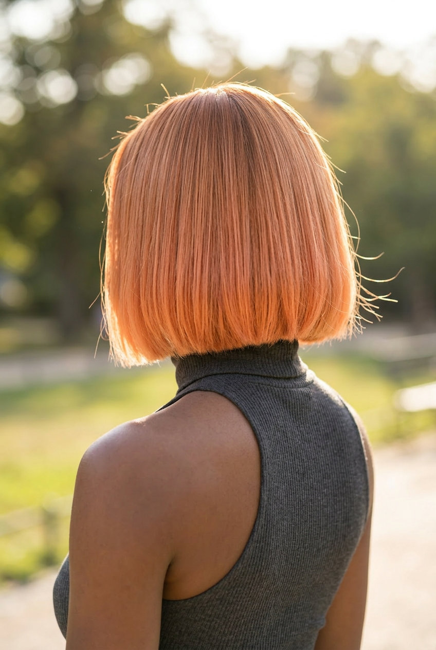 short nectarine copper blunt bob with blended roots and point-cut ends for summer 2026