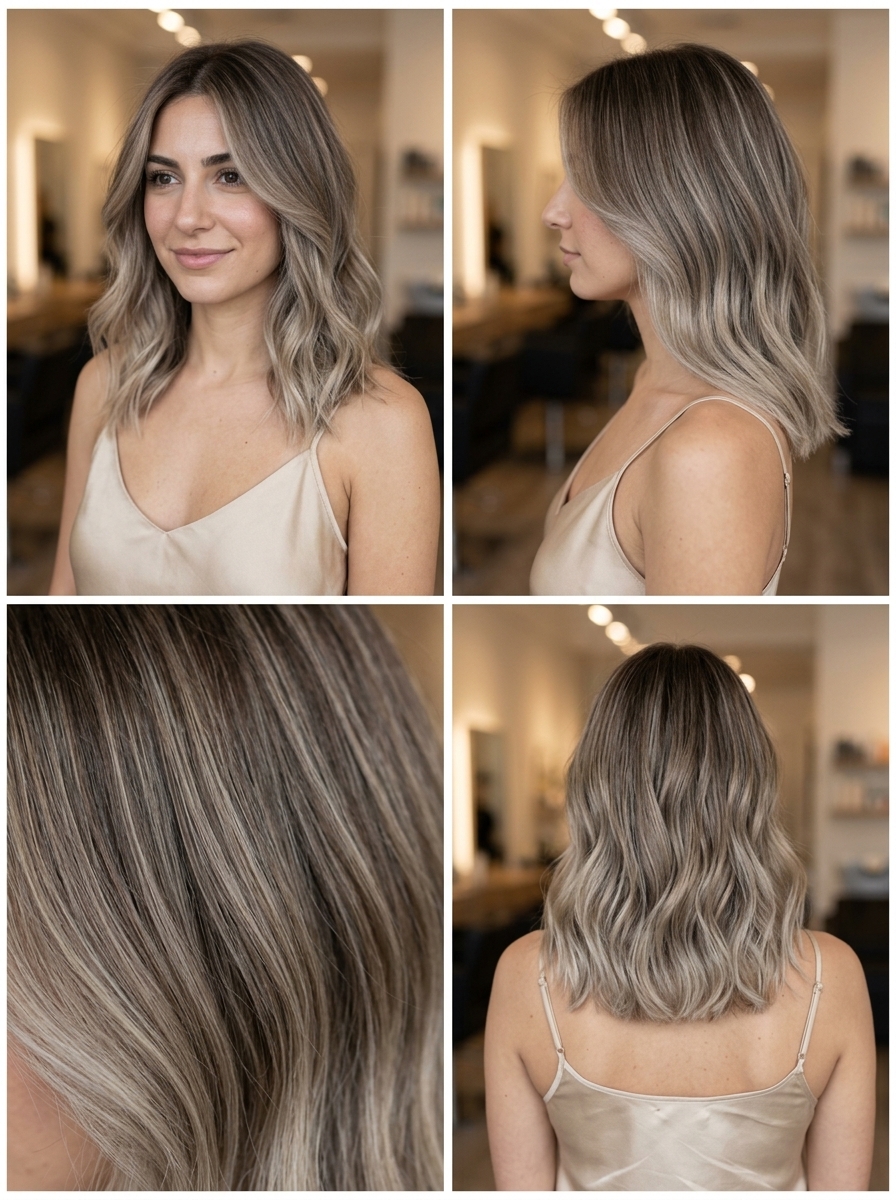 long cool ash brown to neutral beige blonde hair color, seamless melt, no fringe — sophisticated casual outing