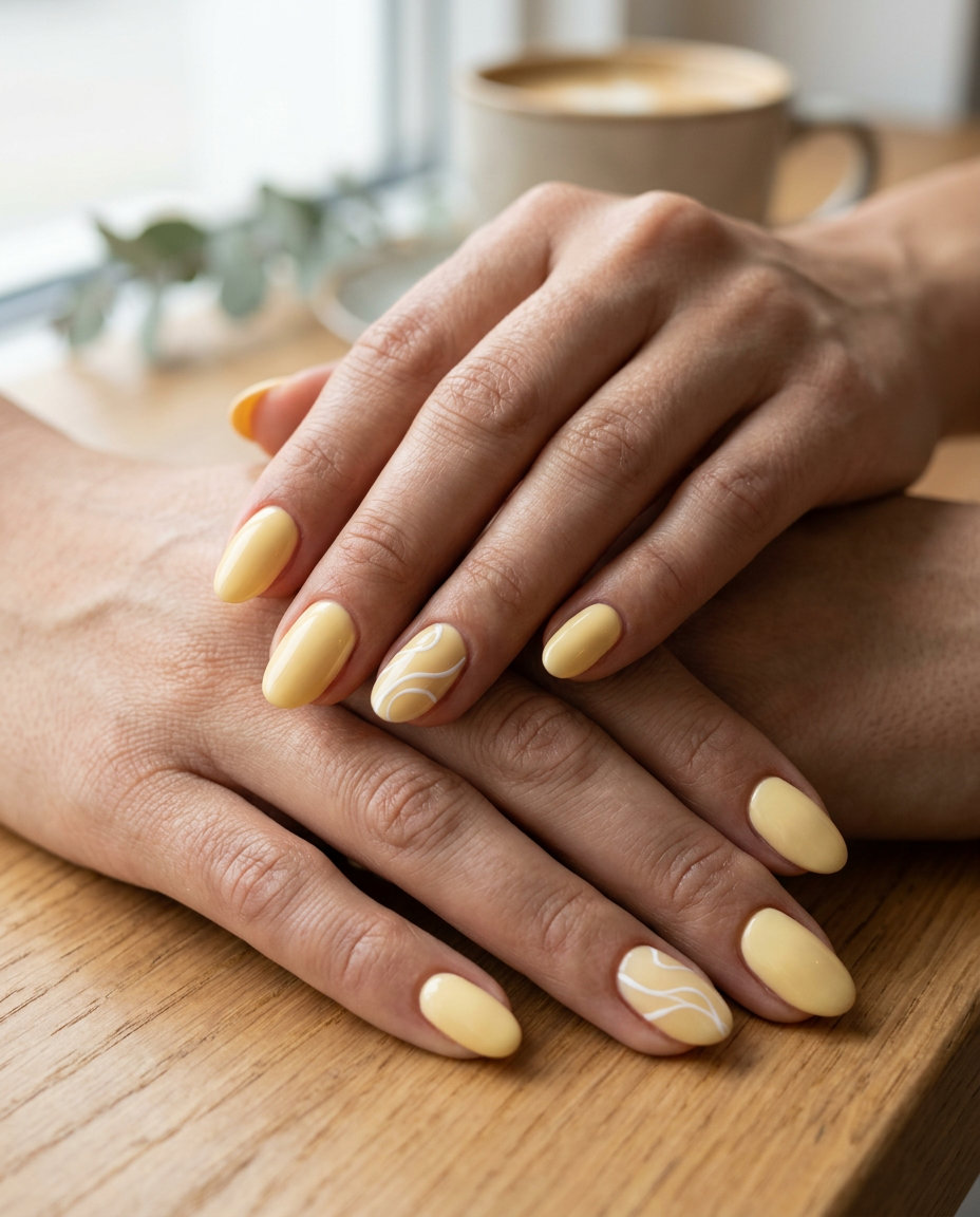 Butter Yellow Oval Nails 2026 | Artistic Swirls Style Butter yellow oval nails with abstract swirls for 2026. Playful and artistic, great for casual outings.
