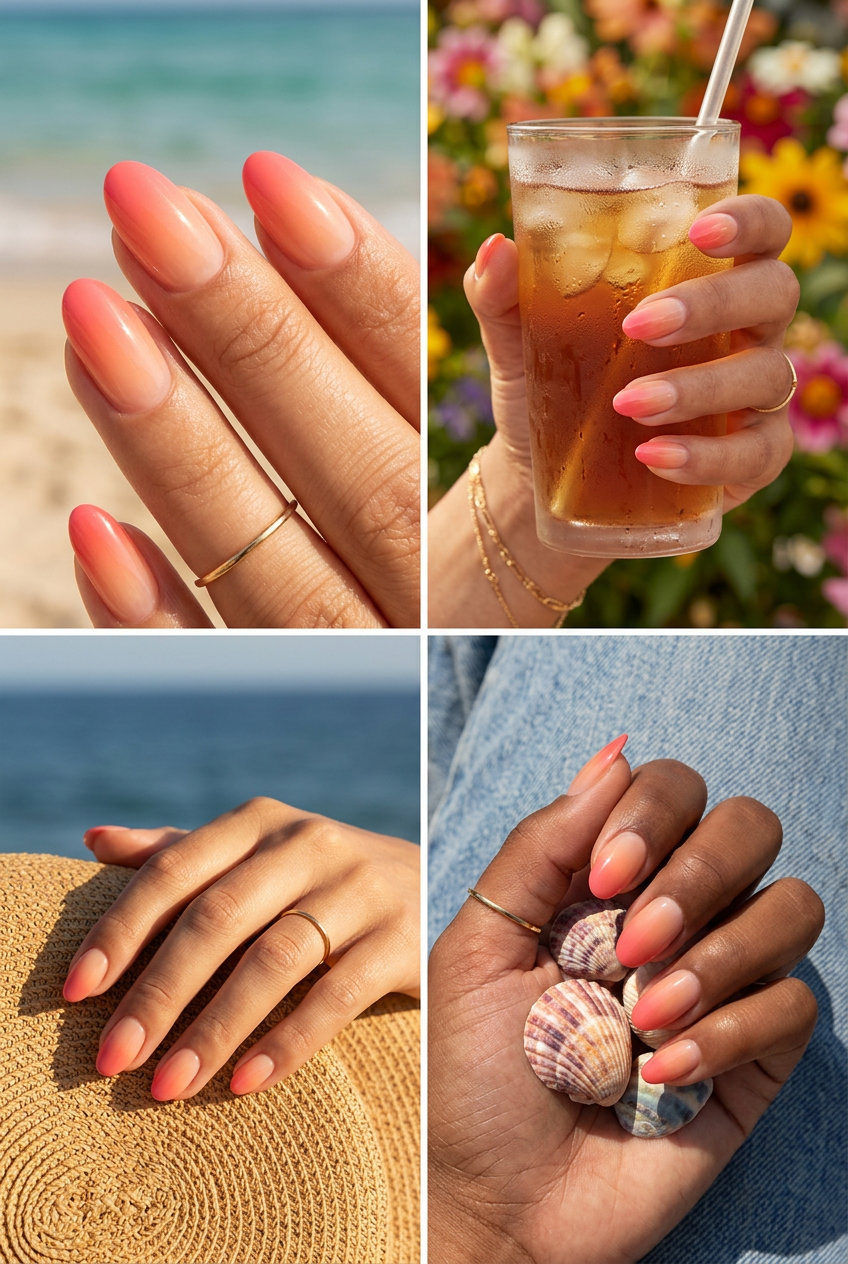 Oval Summer Nails 2026: Coral Pink Ombre Coral pink ombre oval nails for summer vacations 2026. Juicy and tropical sunset vibes.