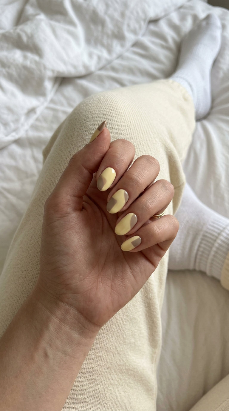 Creamy Yellow Color Block Oval Nails 2026 | Artistic & Chic Creamy yellow oval nails with color-blocked neutrals for summer 2026. Artistic and chic for casual outings.