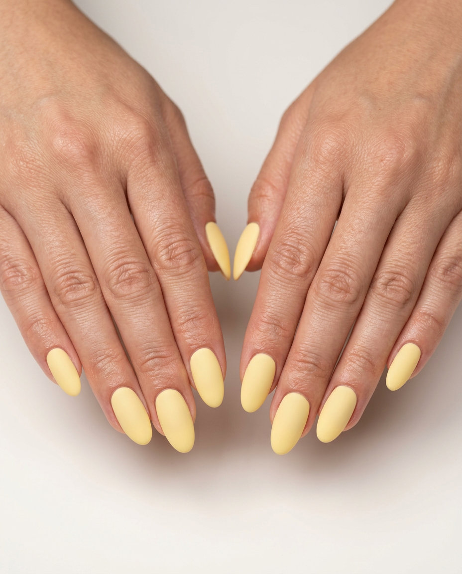 Matte Butter Yellow Oval Nails 2026 | Work & Chic Daytime Matte butter yellow oval nails for summer 2026. Sophisticated and chic for work and daytime events.