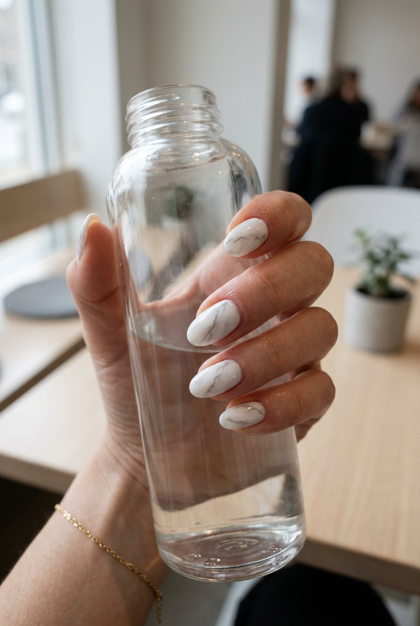 Milky White Marble Oval Nails 2026 | Party & Special Occasion Milky white marble oval nails for summer 2026, perfect for parties and special occasions. Elegant and luxurious.