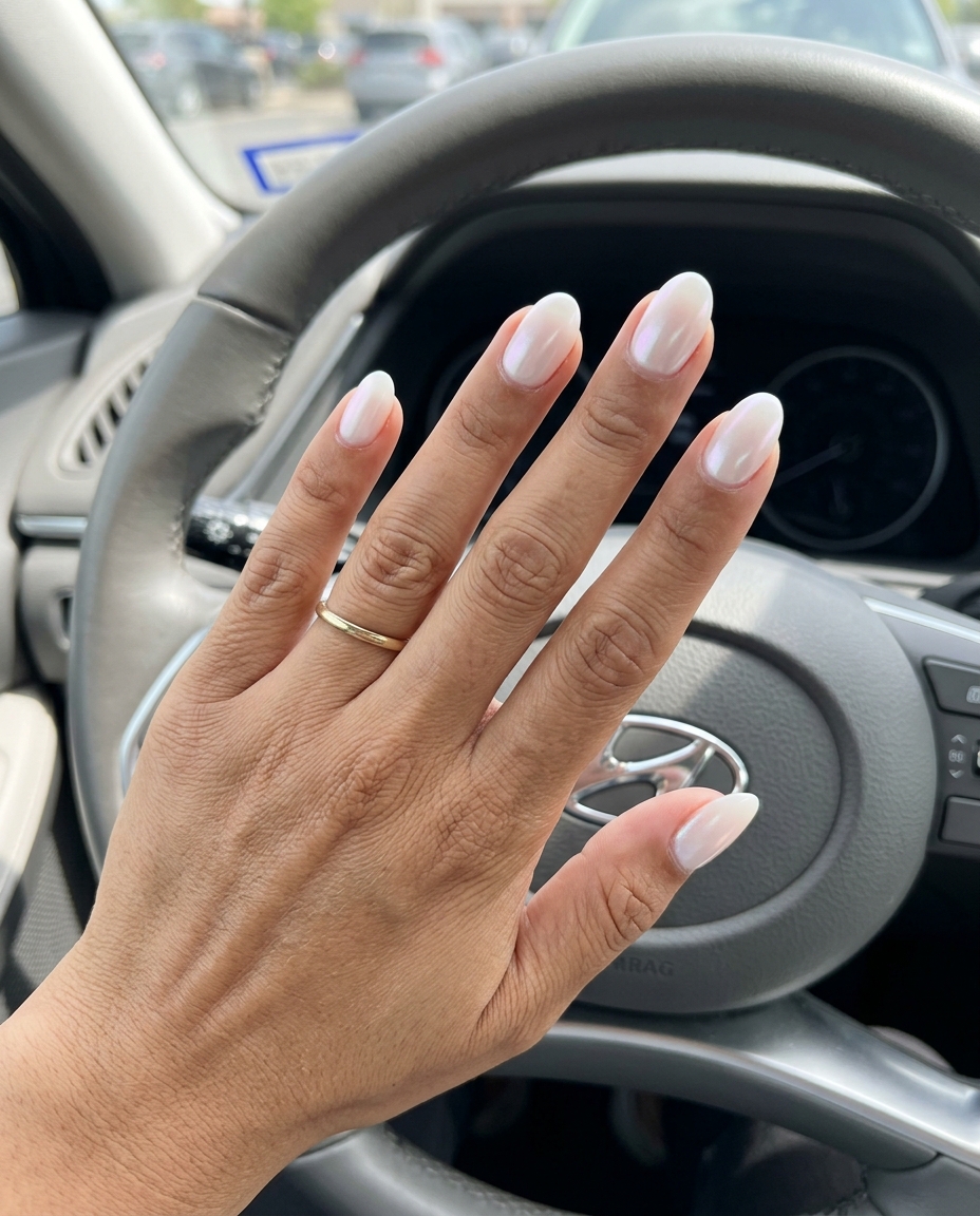 Milky white pearlescent oval aura nails for summer 2026. Sophisticated for bridal and formal events.