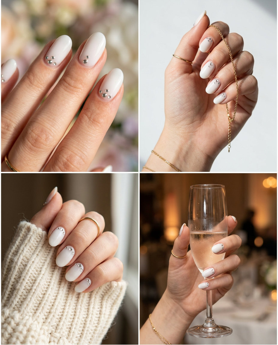 Oval Summer Nails 2026: Milky White Rhinestones Milky white oval nails with subtle rhinestones for summer events 2026. Glamorous and sophisticated.