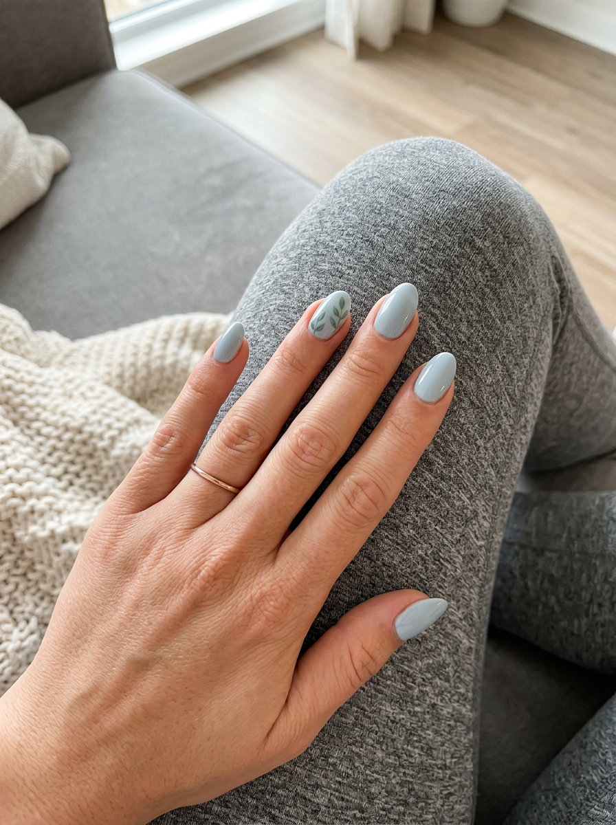 Pale Blue Leaf Oval Nails 2026 | Vacation & Bohemian Style Pale blue oval nails with delicate leaf accents for summer 2026. Bohemian and serene for vacation.