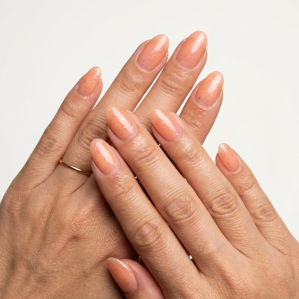 Sheer Peach Chrome Flake Oval Nails 2026 | Glam Evening Sheer peach chrome flake oval nails for 2026. Glamorous and subtle sparkle for date nights.