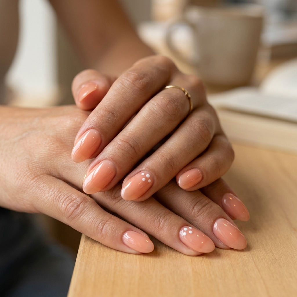 Oval Summer Nails 2026: Peach Jelly Dots Soft peach jelly oval nails with white dots for summer vacations 2026. Perfect for casual days and parties.
