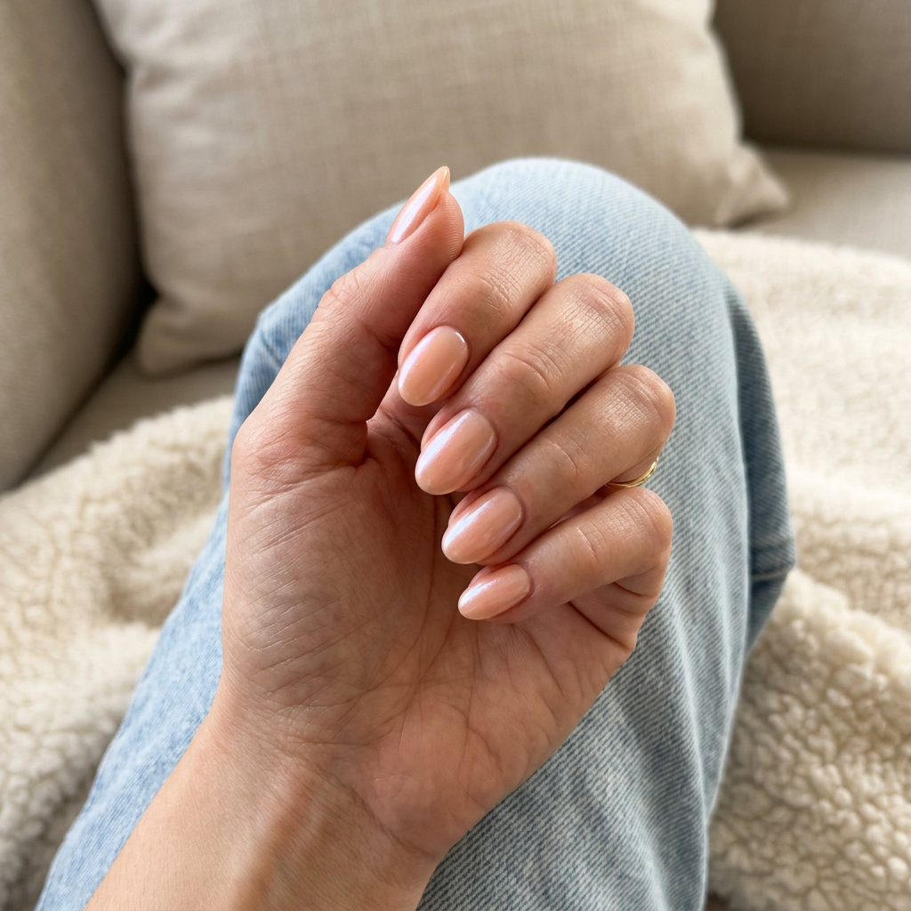 Peach Glazed Donut Oval Nails 2026 | Romantic Glow Peach shimmer oval glazed donut nails for 2026. Romantic and glowy for date nights and vacations.