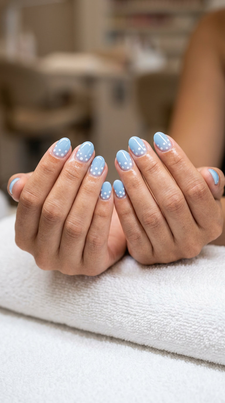 Sky Blue Dots Oval Nails 2026 | Casual Summer Fun Playful sky blue oval nails with white dots for summer 2026. Casual and fun for everyday wear.