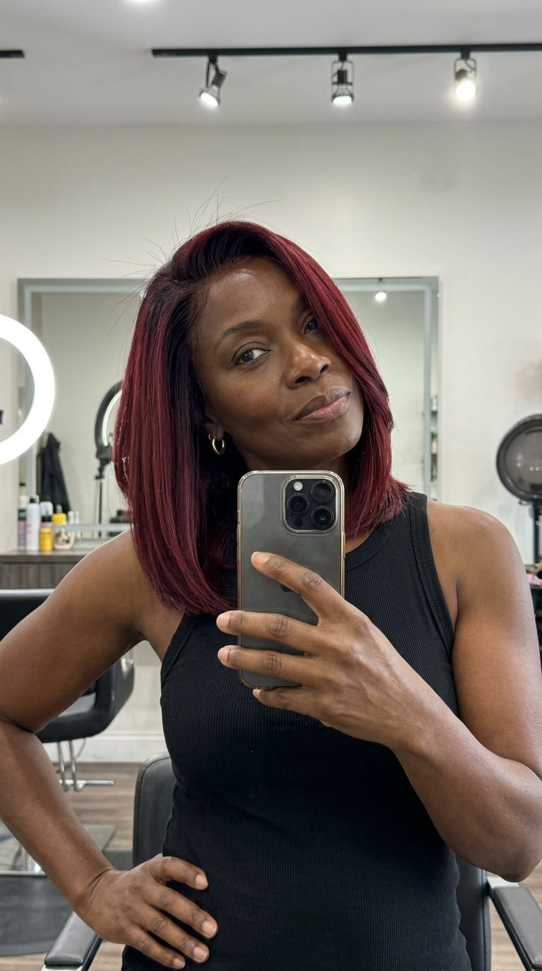 Dramatic Oxblood Shadow Root Summer Hair 2026 long blunt midi haircut with oxblood shadow root, deep violet-red blend — edgy summer style
