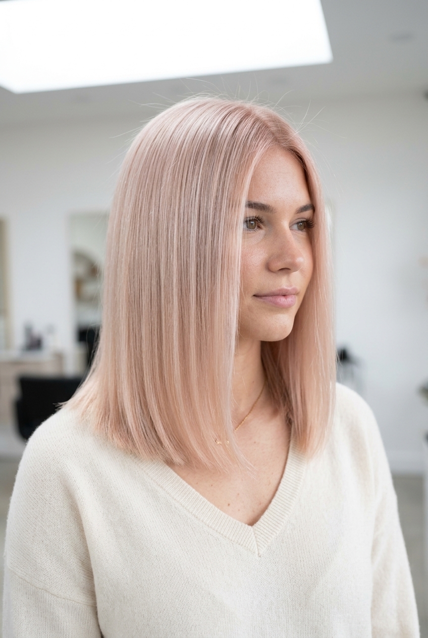 Strawberry Milk Blonde Bob 2026 chin-length Italian bob strawberry blonde with pale pink glaze, translucent tone, sleek finish — chic professional style