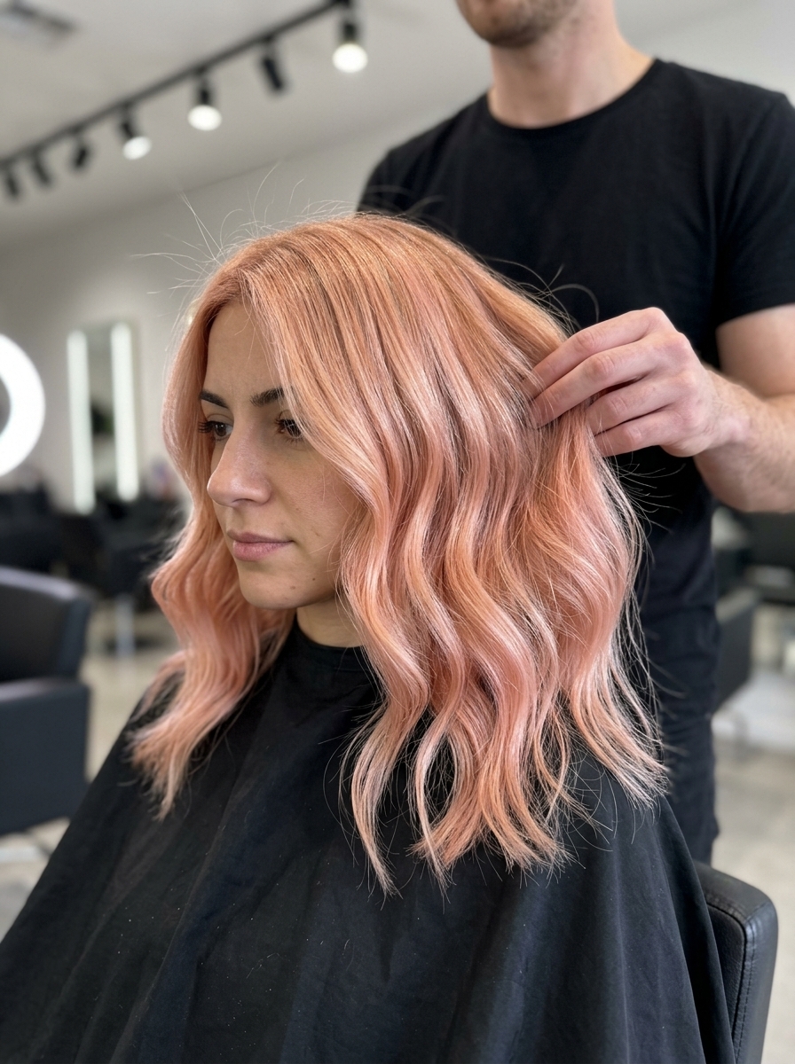 Pastel Peach Rose Strawberry Melt 2026 long tousled layers pastel peach rose strawberry blonde melt, soft gradient, no fringe — whimsical festival