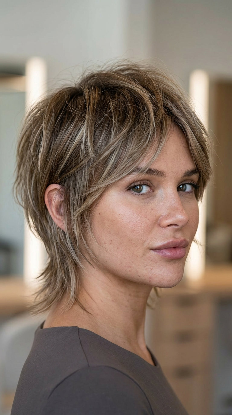 very short pastel pink pixie-wolf haircut with choppy layers and fringe for summer 2026