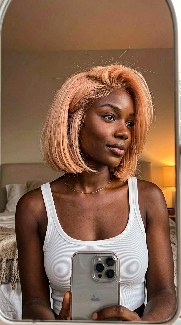 chin-length bob hair with soft peach blonde gloss, rose gold and creamy undertones for summer 2026